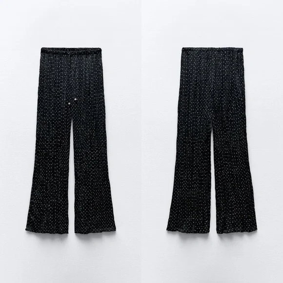 Zara Dotted Wrinkle Effect Wide Leg Pants Polka Dot Pleated Trousers sz Small - Picture 3 of 6
